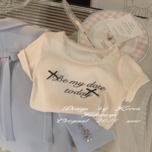 短袖 Spring韩国童装 蕾丝领蝴蝶结字母韩版 亲子款 女童T恤 2025春季