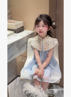Spring韩国童装2026年夏季新款宝宝国风仙气缠枝花卉纹云肩连衣裙