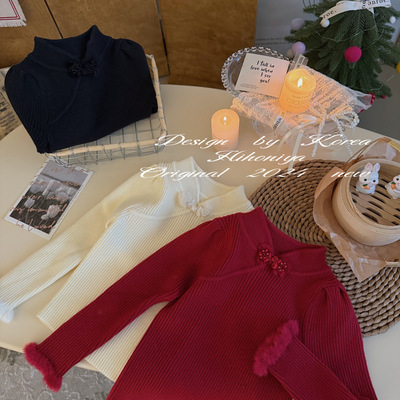 Spring韩国童装2024冬季宝宝款新中式盘扣韩版毛衣女童圆领套头衫