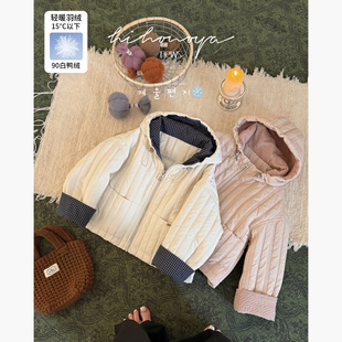 Spring韩国童装 亲子90白鸭绒竖条羽绒服女童保暖外套 2025秋冬新款