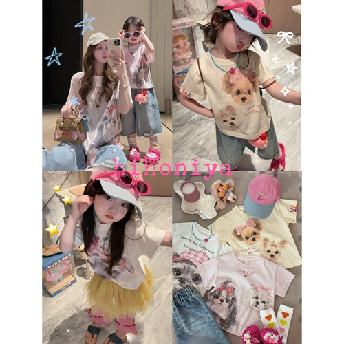 Spring韩国童装2026年夏季新款亲子甜美小狗薄款透气短袖女童T恤