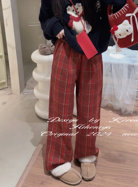 Spring韩国童装2024秋冬新款宽松复古红色格子显瘦韩版阔腿裤亲子