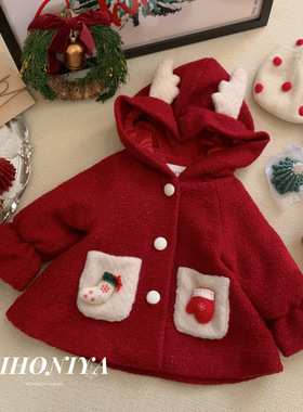 Spring韩国童装 儿童新款红色麋鹿小耳朵连帽外套宝宝圣诞加厚礼