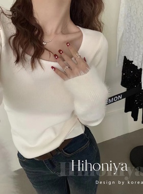 Spring韩国童装 白色修身针织衫秋冬内搭纯色大领口拼接袖打底衫