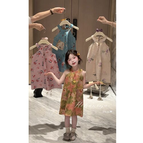 Spring韩国童装2026年夏季新款亲子中式花卉挂脖旗袍裙女童国风裙