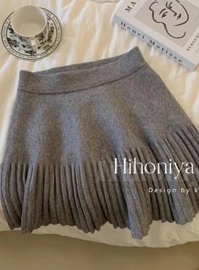 Spring韩国童装 秋冬新款弹力针织高腰百褶裙时髦灰色显瘦半身裙