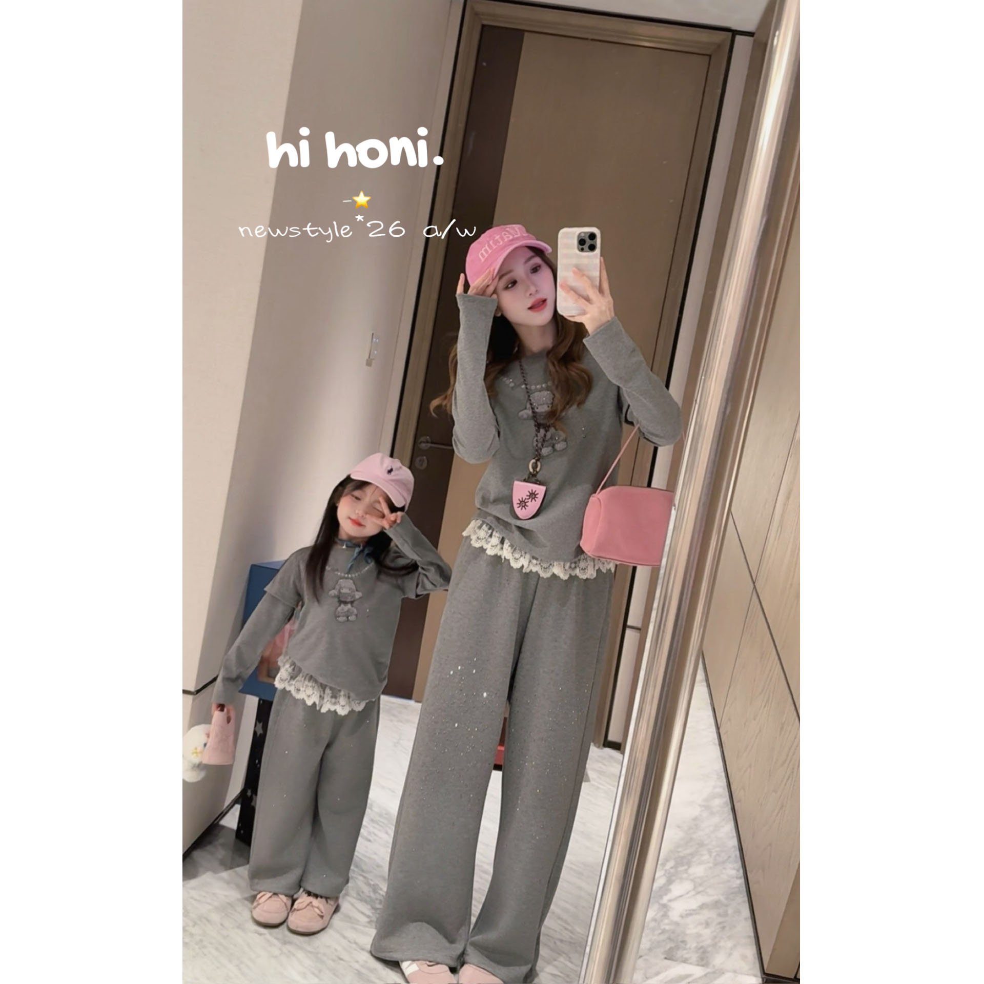 Spring韩国童装2026秋季新款亲子雪人小猫T恤卫衣女童烫钻休闲裤图片