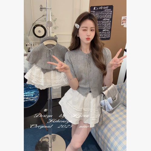Spring韩国童装2025夏季新款亲子镂空短袖短裙套装女童夏天两件套