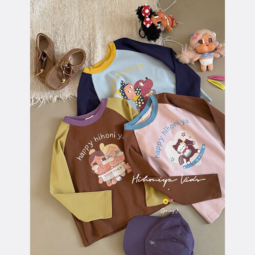 Spring韩国童装2026春季新款亲子卡通印花插肩袖长袖上衣女童卫衣