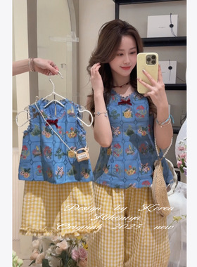 Spring韩国童装2025春季亲子款复古刺绣韩版连衣裙套装女童两件套