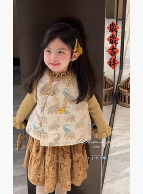 Spring韩国童装2025冬季新款宝宝新中式盘扣提花夹棉马甲女童坎肩