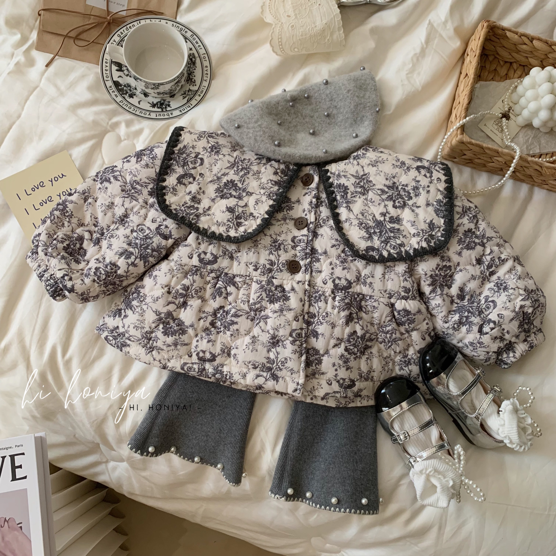 Spring韩国童装2024冬季新款大翻领碎花加绒保暖棉外套韩版宝宝款