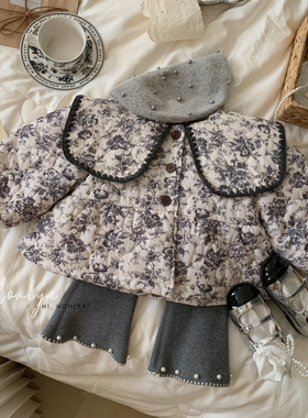 Spring韩国童装2024冬季新款大翻领碎花加绒保暖棉外套韩版宝宝款