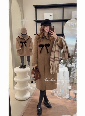 Spring韩国童装2025冬季新款亲子高级蝴蝶结双面毛呢大衣女童外套