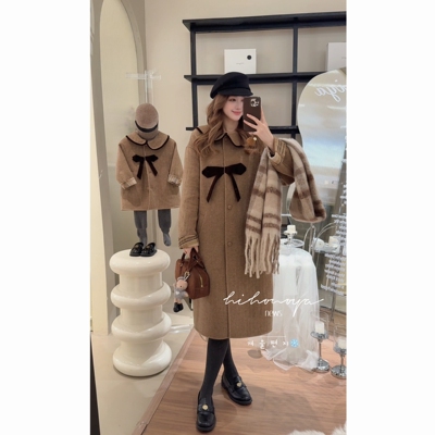 Spring韩国童装2025冬季新款亲子高级蝴蝶结双面毛呢大衣女童外套