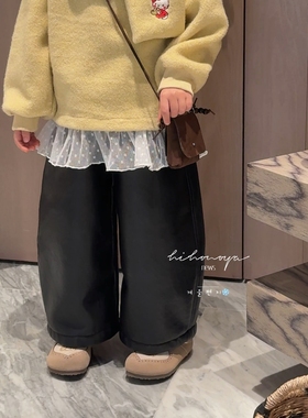 Spring韩国童装2026年冬季新款宝宝黑色宽松奥粒绒皮裤女童休闲裤