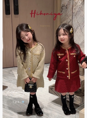 Spring韩国童装2026年冬季新款亲子新年小香风闪钻外套女童半身裙
