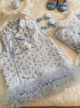 Spring韩国童装儿童国风汉服盘扣兔兔背心裙女童秋冬保暖无袖裙子