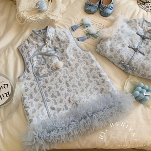 Spring韩国童装 裙子 儿童国风汉服盘扣兔兔背心裙女童秋冬保暖无袖