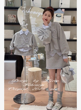 Spring韩国童装2025春季亲子款蝴蝶结韩版卫衣套装女童短裙三件套