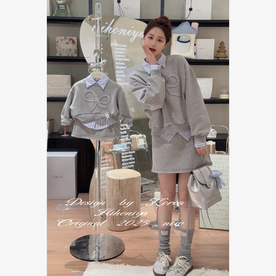 Spring韩国童装2025春季亲子款蝴蝶结韩版卫衣套装女童短裙三件套