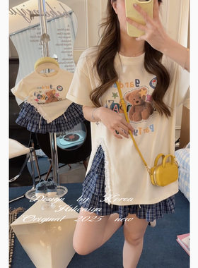 Spring韩国童装2025夏季新款亲子小熊开衩短袖格子套装女童两件套