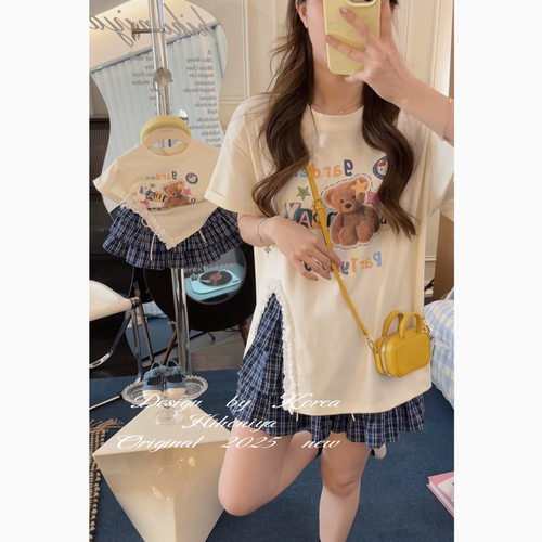 Spring韩国童装2025夏季新款亲子小熊开衩短袖格子套装女童两件套