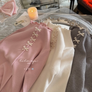 Spring韩国童装2025冬季新款亲子蝴蝶木耳半高领打底衫女童针织衫