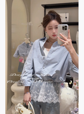 Spring韩国童装2025春夏季亲子蓝色抽绳短款韩版衬衣女童长袖衬衫