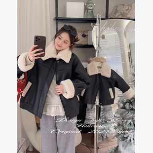 Spring韩国童装2024冬亲子款PU皮衣毛毛高级韩版外套女童保暖衣服