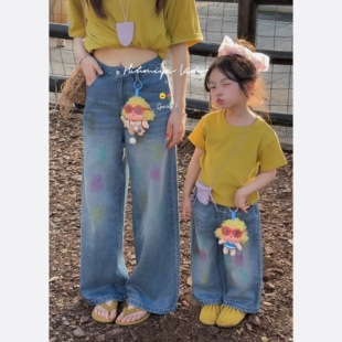 Spring韩国童装2026春季新款亲子复古设计感涂鸦阔腿裤女童牛仔裤