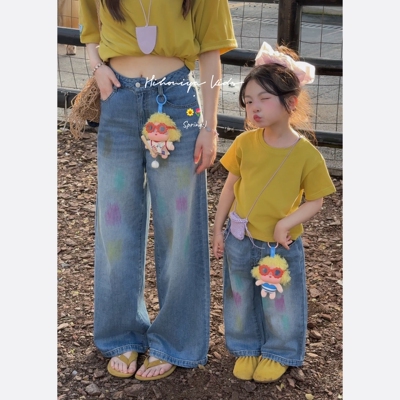 Spring韩国童装2026春季新款亲子复古设计感涂鸦阔腿裤女童牛仔裤