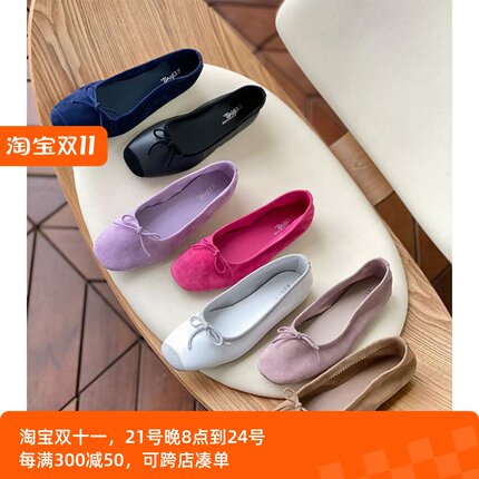 法国小众芭蕾鞋女复古方头羊皮舒适平底单鞋休闲百搭一脚蹬新品