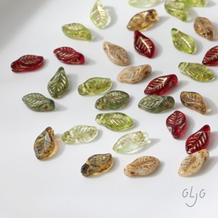 进口捷克珠 diy手作串珠项链手链材料配件 横孔描金复古叶子吊坠