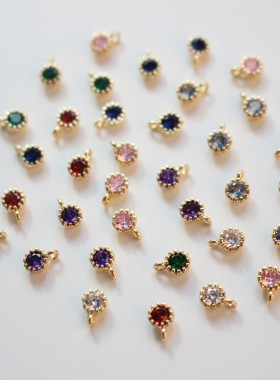 欧美铜镀18K真金色圆形锆石单吊手链项链耳钉耳饰diy材料配件