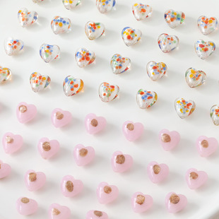 琉璃爱心粉玉金沙点透明银箔爱心直孔串珠吊坠diy手作项链配件