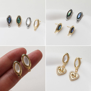 14K电镀真金保色复古椭圆贝壳耳钉耳饰diy手作材料配件