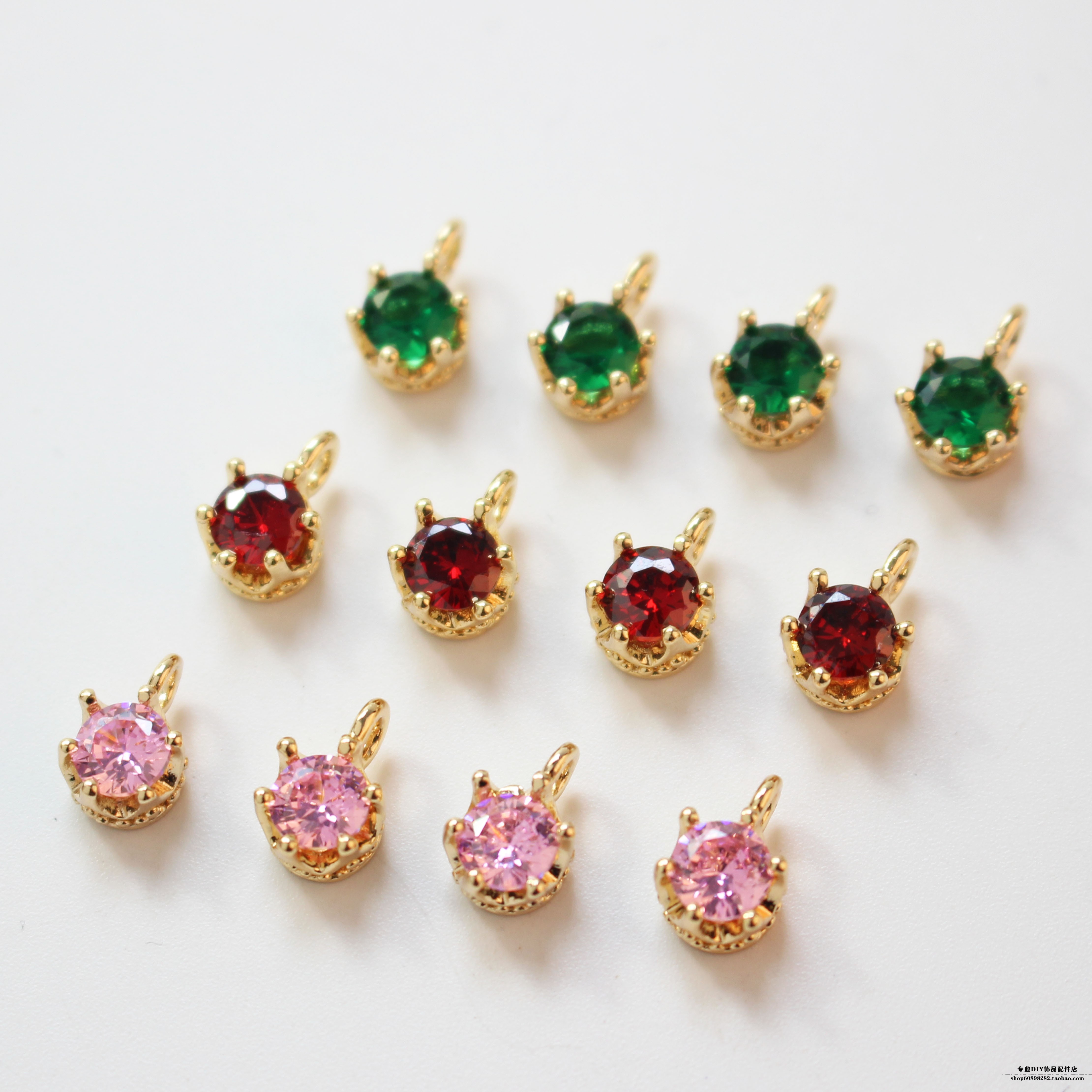 铜镀18K真金色圆形皇冠锆石单吊手链项链耳钉耳饰diy材料配件