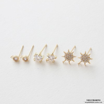 diy镶锆石五角星圆形银针耳钉
