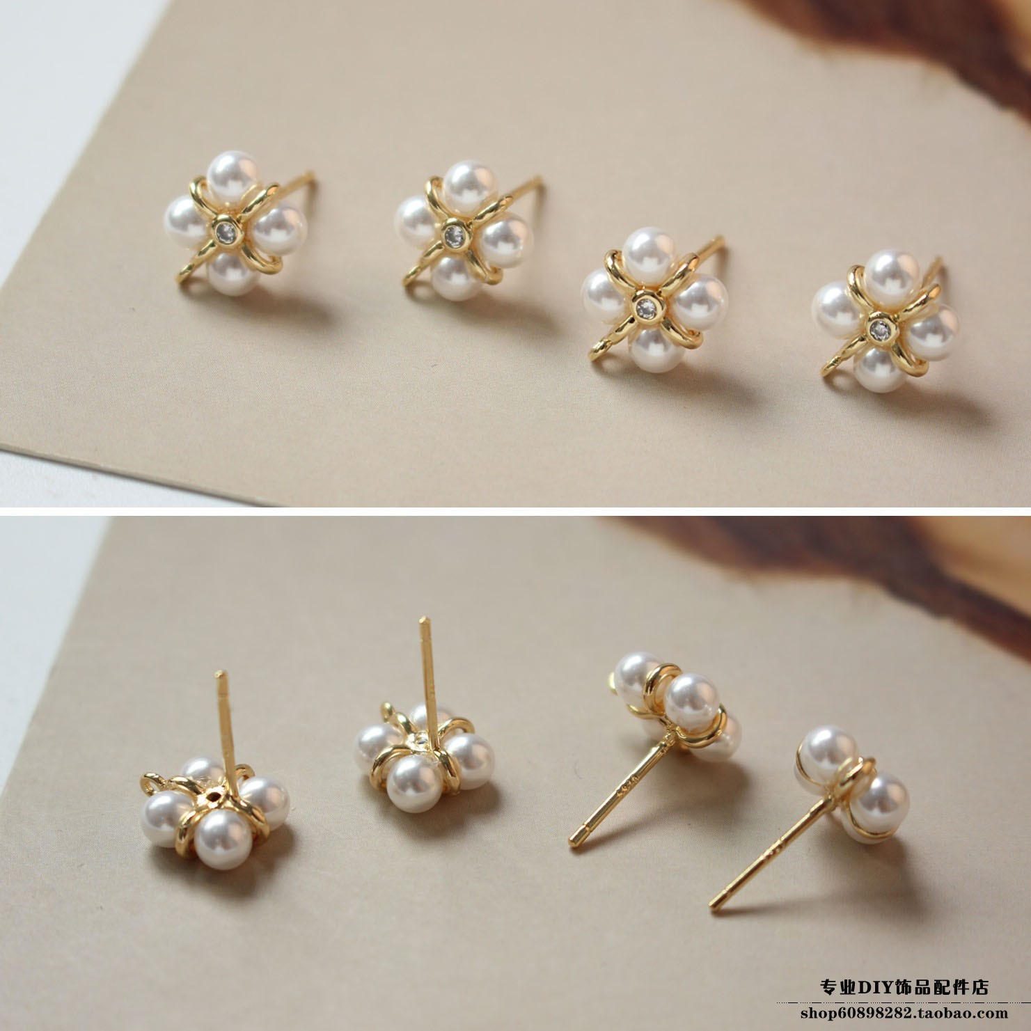 diy金色正方形仿珍珠耳钉吊坠