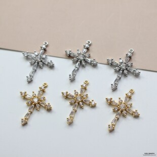秋冬款 雪花铜镀14K真金色 镶锆石十字架吊坠diy耳饰手链项链材料