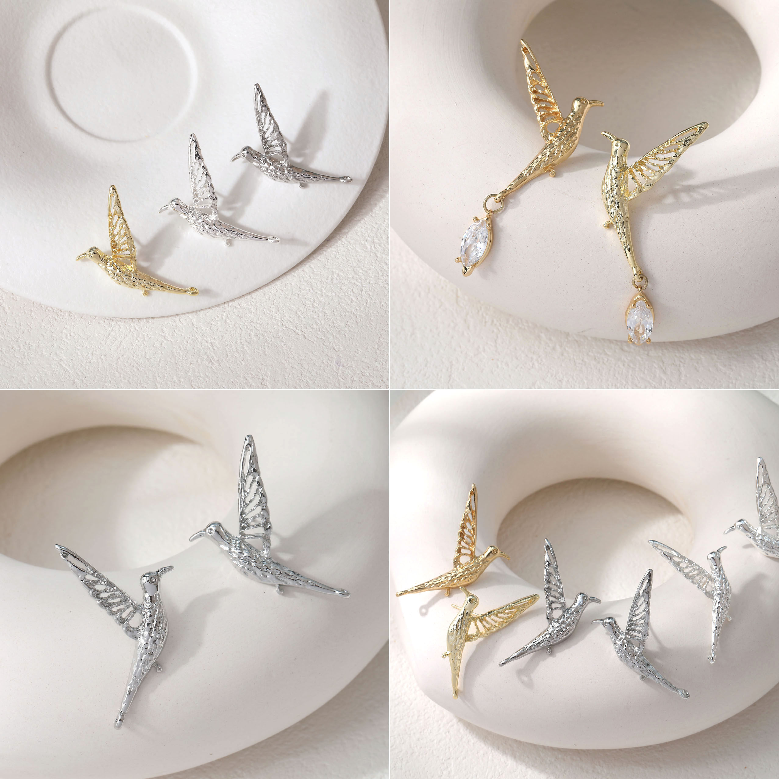 14K电镀真金厚银立体精致小鸟耳钉diy手作耳饰材料配件