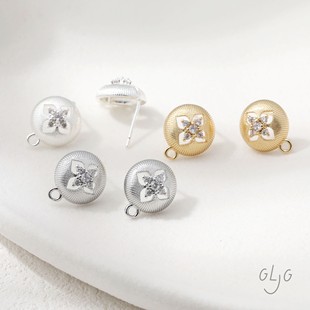 铜镀真金保色镂空复古半圆四叶草镶锆耳钉diy耳饰材料配件