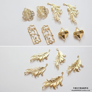 保色銅鍍14K真金色羽毛菱形雙吊喇叭花吊墜diy耳飾材料配件