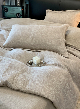 北欧风高级感三层纱提花四件套全棉简约线条灰色被套1.8m床上用品