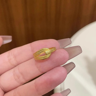 新品双环相扣复古金色戒指时尚简约拉丝小众设计感