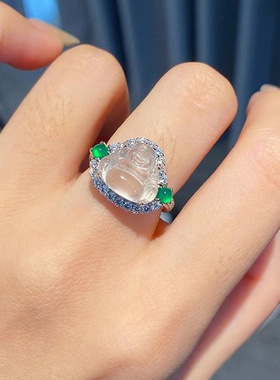 新品复古【绿边白佛】佛公戒指女