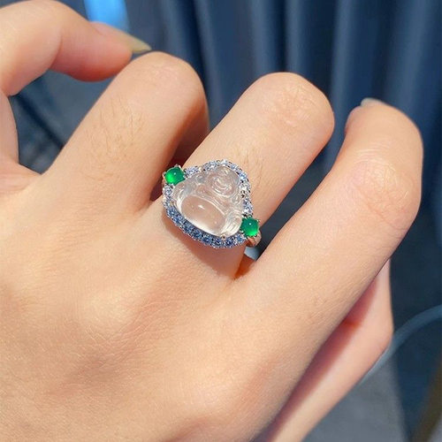 新品复古【绿边白佛】佛公戒指女