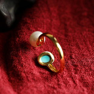 新品天然巴洛克戒指女绿松石开口可调节高级感手饰