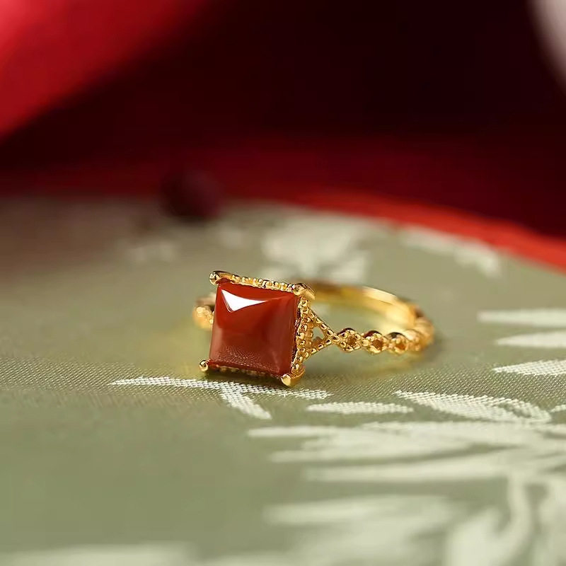 新品小方糖南红戒指女开口小众设